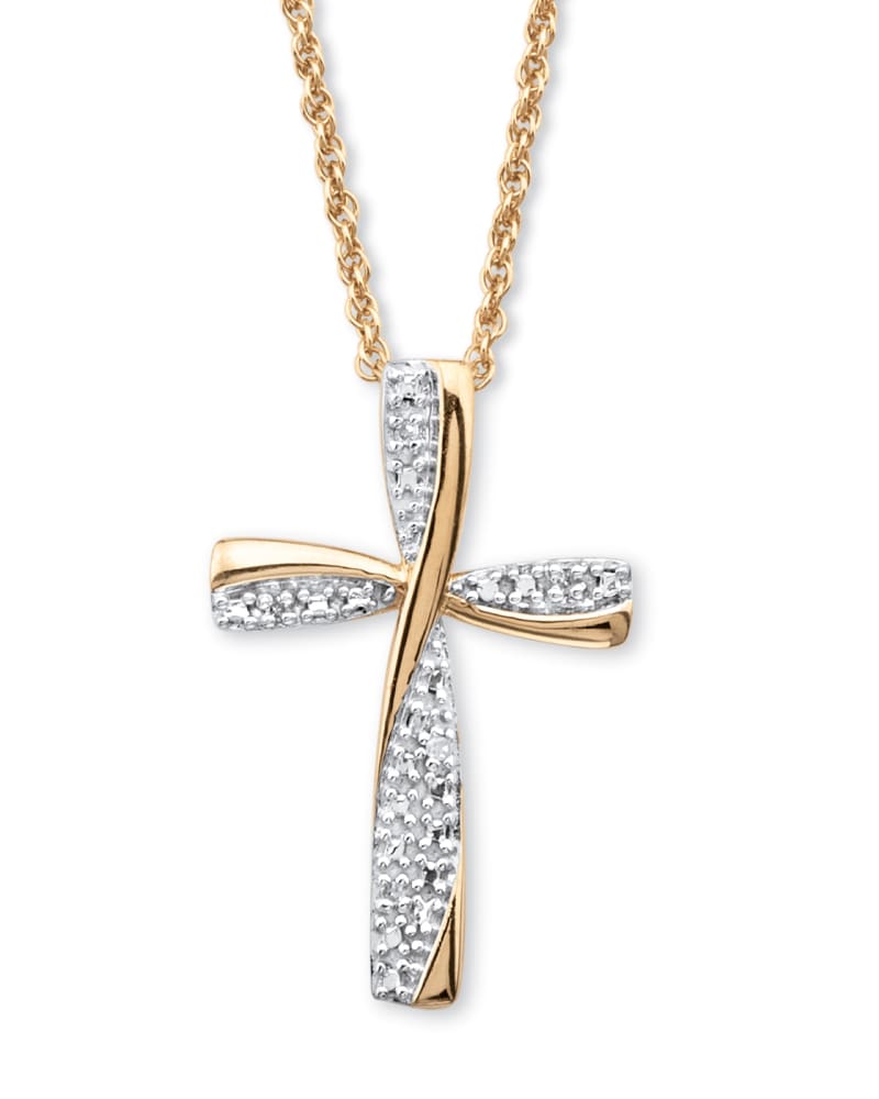 Front of a size One Size Diamond Accent 18k Gold-plated Silver Two-Tone Cross Pendant Necklace 18" in White by PalmBeach Jewelry. | dia_product_style_image_id:286082